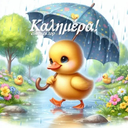 Καλημέρα με χαριτωμένο παπάκι στη βροχή να κρατάει ομπρέλα